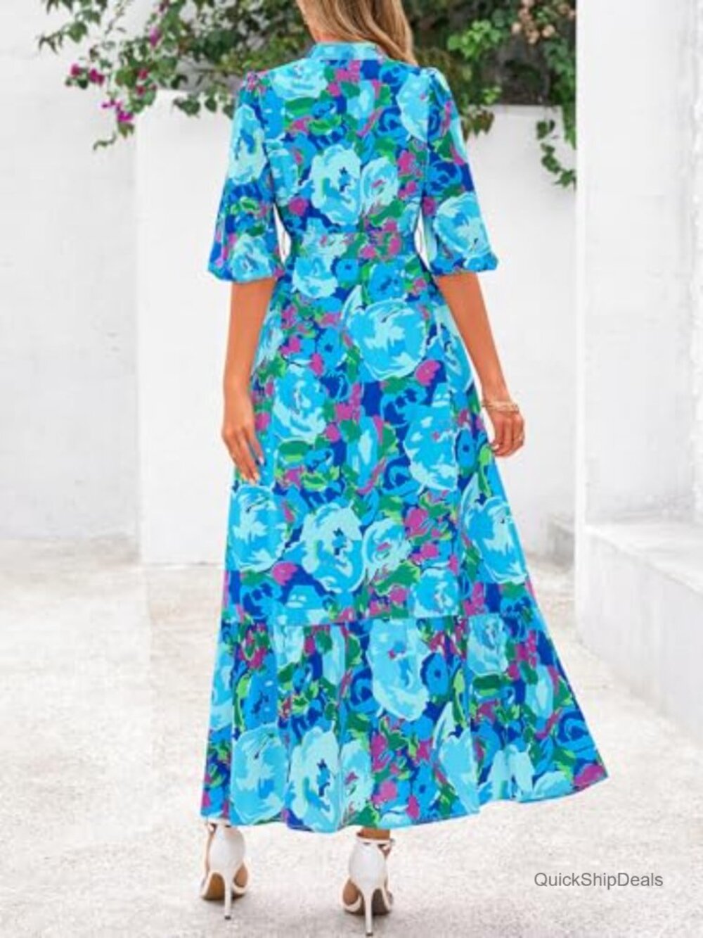 Floral Maxi Dress Boho V Neck 3/4 Puff Sleeve Button Down Tie Waist Flowy Long - Picture 6 of 7